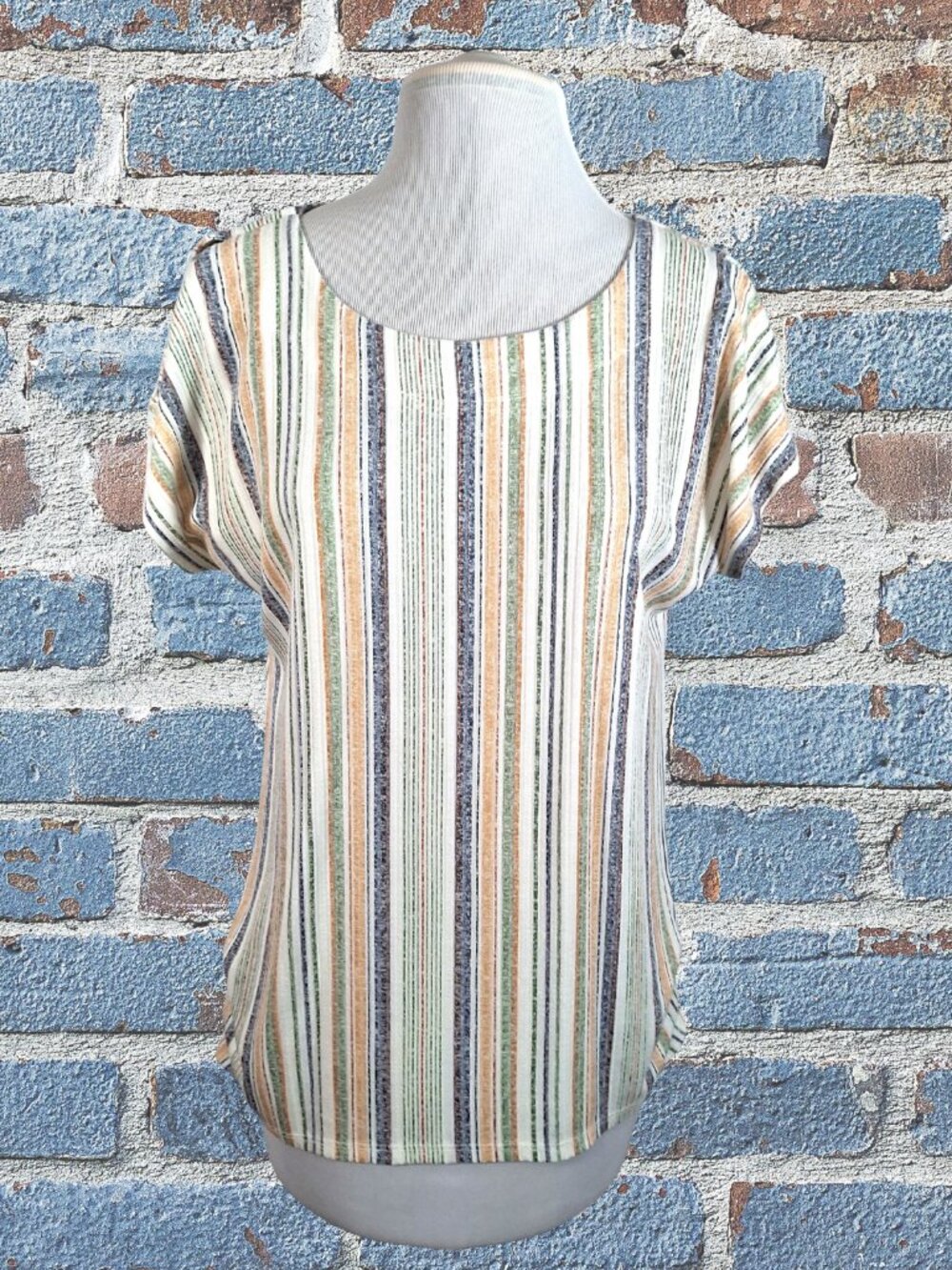 Cure Ladies Peek a Boo Shoulder Top Size Small with Multicolor Vertical Stripes